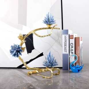 新款直销轻奢蓝色天然石鸟语花香摆件金属新中式客厅电视柜家居软