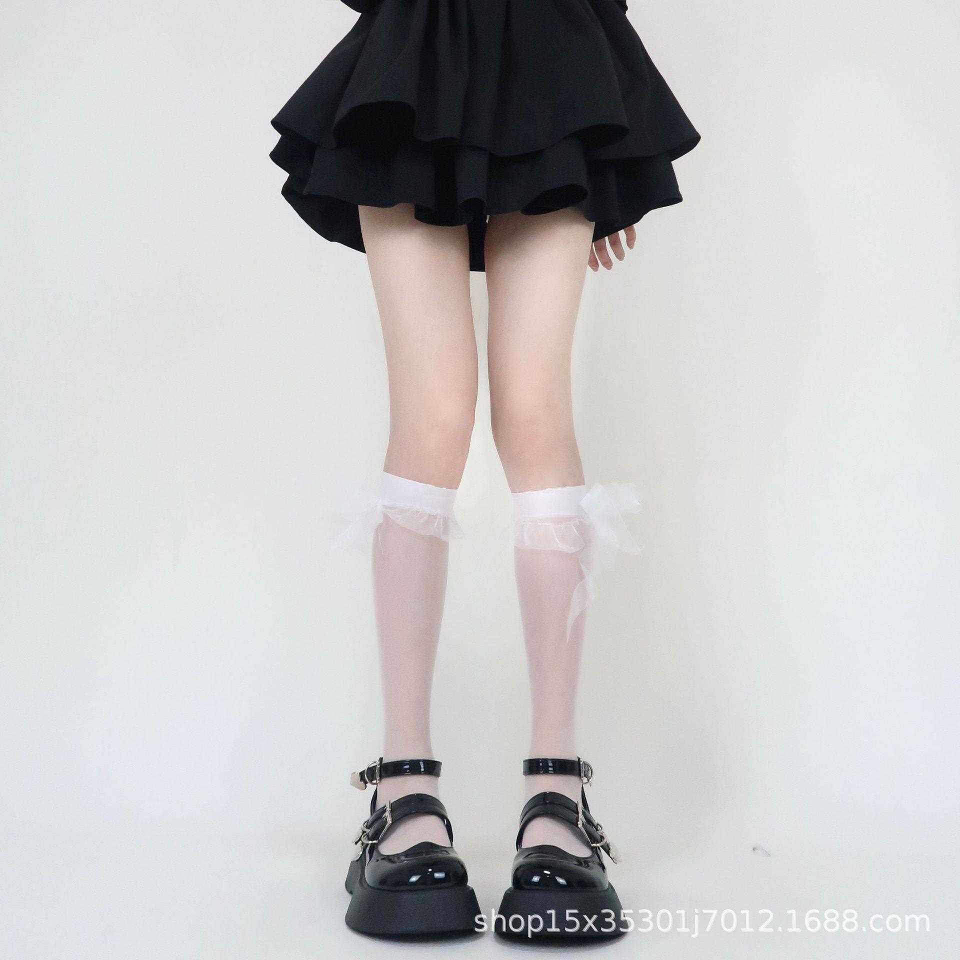 新款直销透明小腿袜jk夏季蝴蝶结白色中筒袜防勾丝花边丝带黑色半