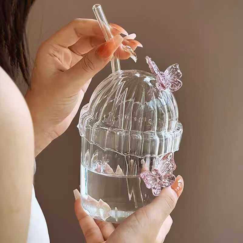 新款直销创意网红蝴蝶吸管杯带盖ins风蝴蝶果汁杯牛奶杯竖纹蝴蝶,家居饰品,储物罐,淘宝优惠券,粉丝福利购,淘宝优惠卷