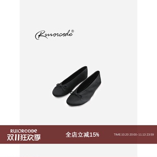 【RUIORCODE】法式优雅 极简黑色缎面蝴蝶结V口奶奶鞋