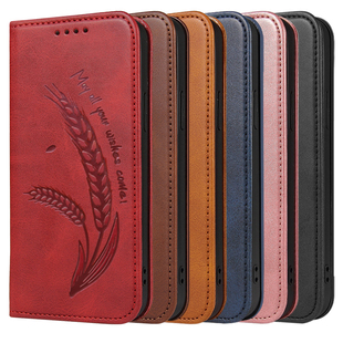 适用苹果17翻盖手机壳皮革iphone16Plus掀盖保护套小麦穗压印14ProMax电话磁吸13时尚 case 12黑15红蓝色flip