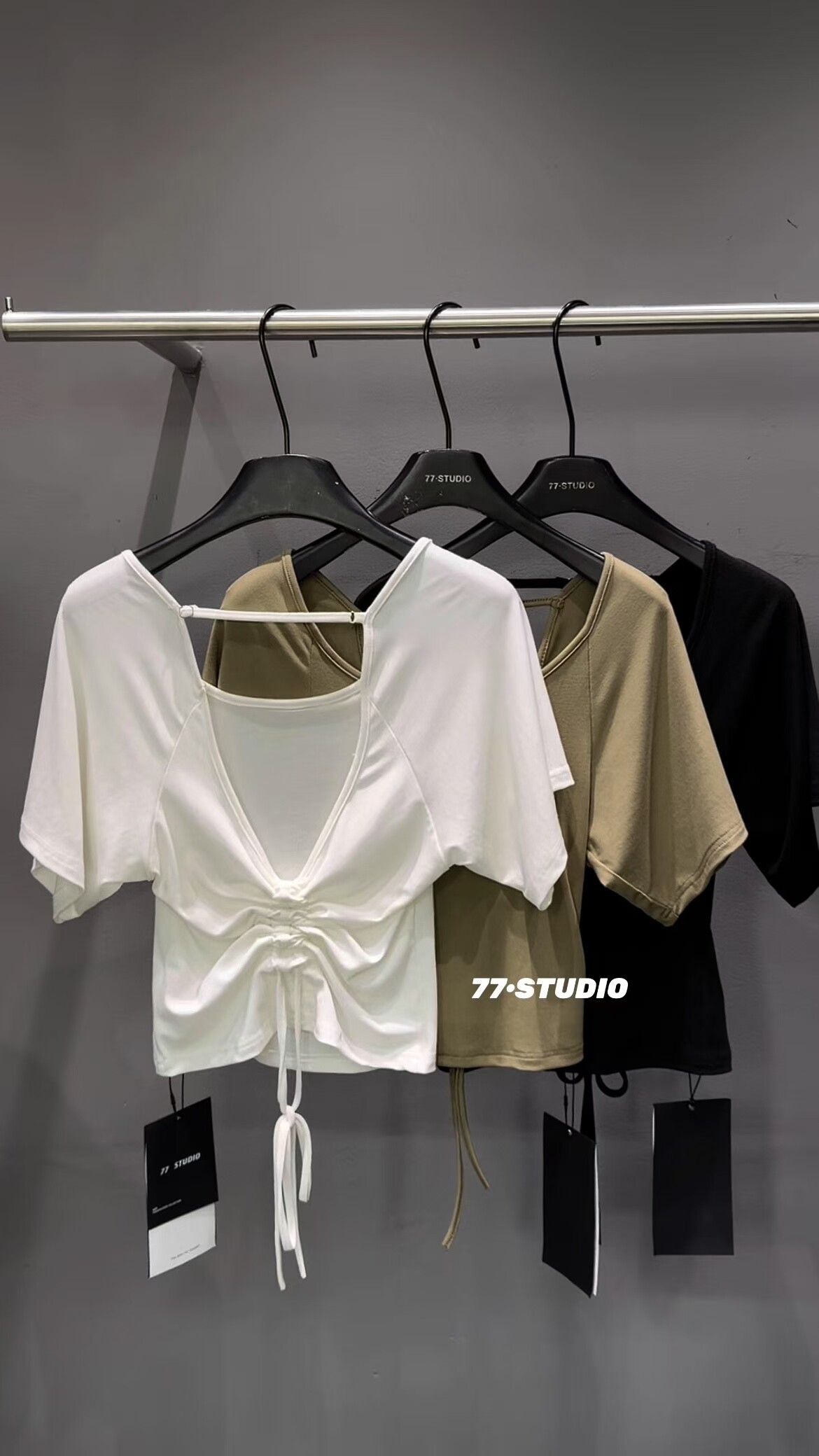 2026新款百搭u领露背抽绳褶皱显瘦遮手臂短袖T恤短款女上衣