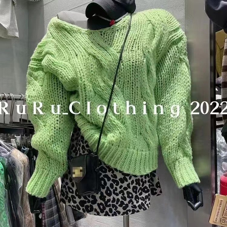 韩版2022秋季新款V领宽松麻花纹勾花毛衣慵懒风休闲套头针织衫女