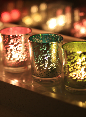 北欧彩色玻璃烛台glass candle电镀雕刻星光烛杯浪漫餐厅酒吧装饰