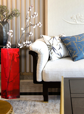 大红色方口玻璃花瓶客厅落地插花摆件简约家居饰品水培富贵竹花瓶