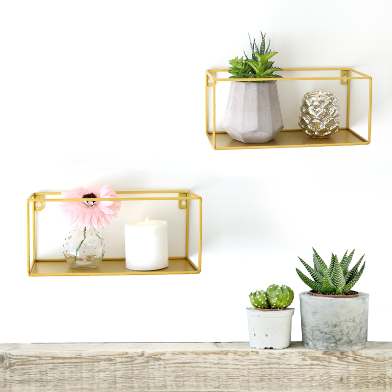 北欧金色铁艺置物架客厅服装店墙壁装饰挂架长方形创意书架展示架