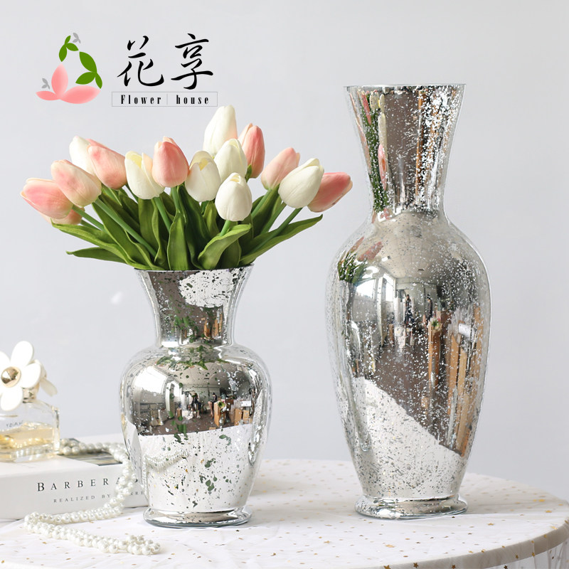 欧式银色金属电镀花瓶大号富贵竹插花玻璃花瓶样板间客厅家居装饰