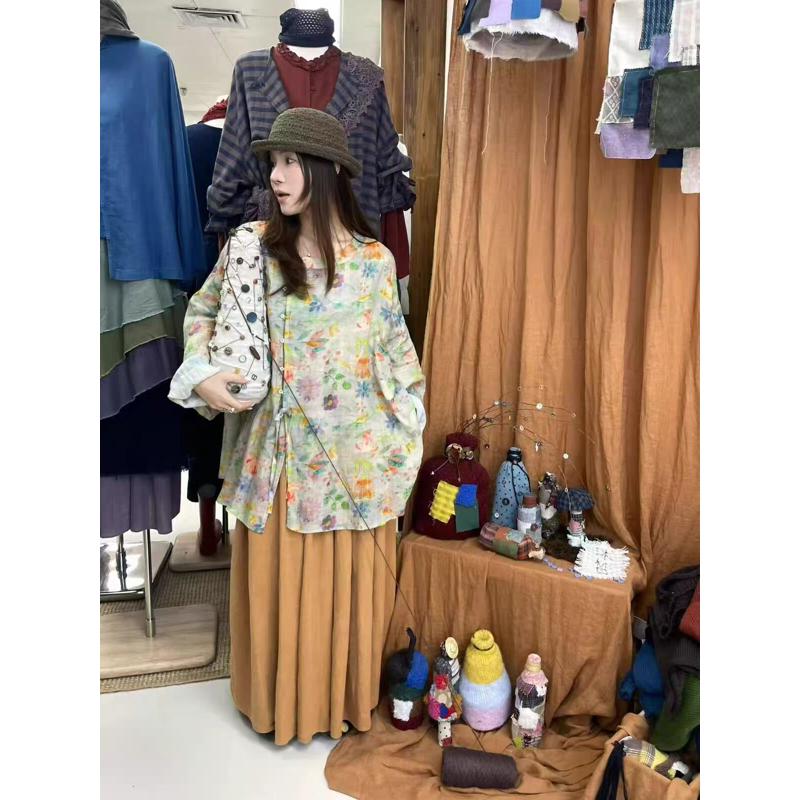 沐皙苎麻长袖衬衫女新中式印花夏