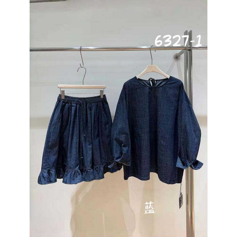 We女6327-1秋季韩版宽松大码胖mm慵懒牛仔衬衫花边五分裤裙两件套