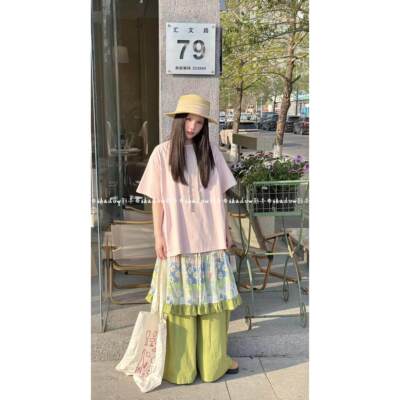 影子家挂绳设计圆领森系大码T恤纯色棉质日系宽松短袖女森系女