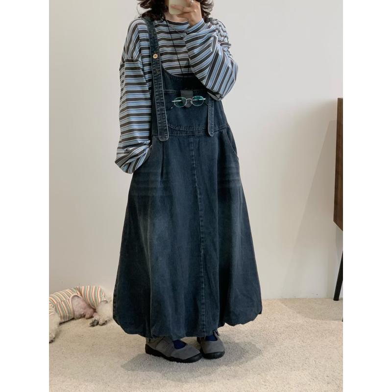 几布见川826420秋韩版宽松大码胖mm慵懒休闲减龄花苞牛仔背带长裙