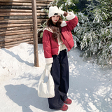 红色拼兔毛现货25冬50鸭绒羽绒短款ZB237-6683-p240-k358，女装羽绒服，浙宝237