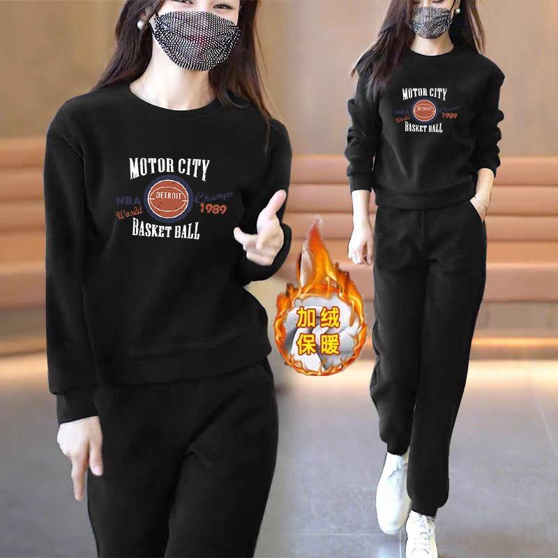 秋冬款加绒加厚棉卫衣套装女学生休闲运动服保暖上衣卫裤两件套潮