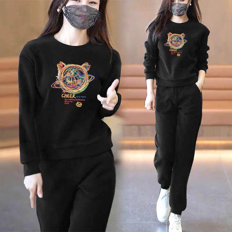 秋冬款加绒加厚棉卫衣套装女学生休闲运动服保暖上衣卫裤两件套潮