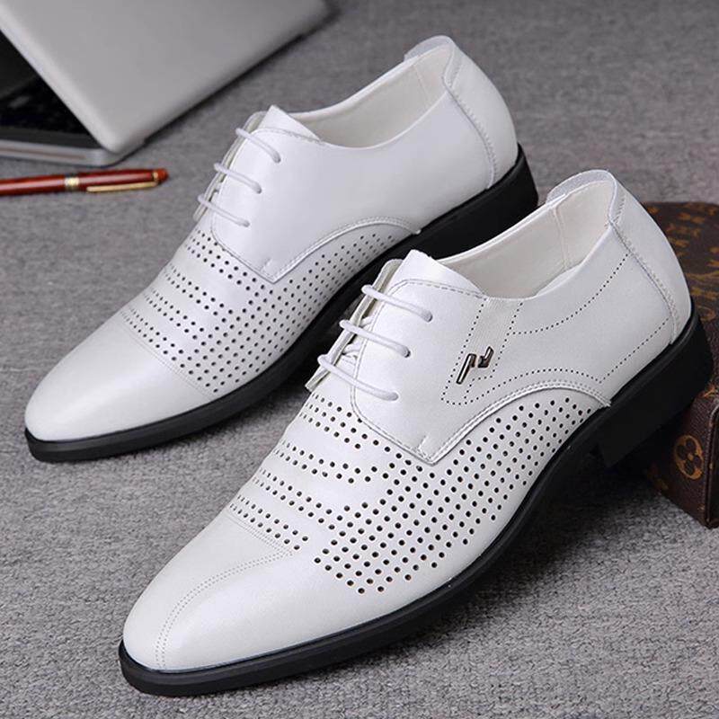 男鞋2024新款夏季透气镂空软底白色皮鞋男英伦商务正装真皮休闲鞋
