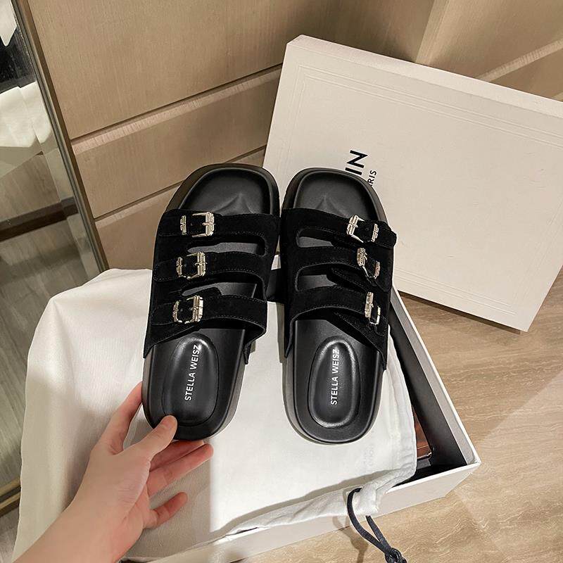 传祺女鞋~一字带拖鞋女2025新款夏季外穿高级感厚底凉鞋黑色夏天