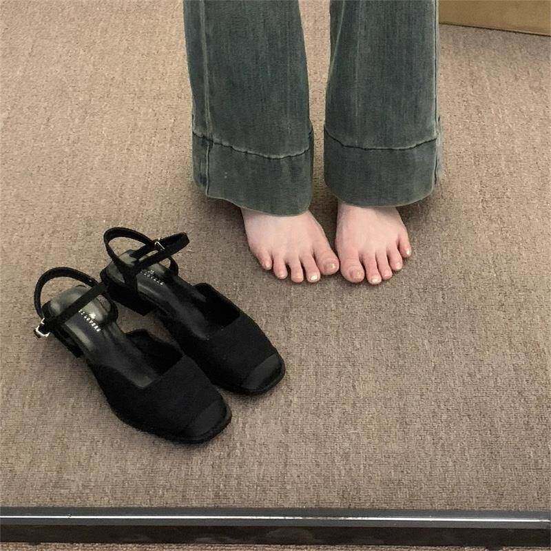 香港仙女风配裙子包头凉鞋女夏季2024年新款复古温柔粗跟后空单鞋