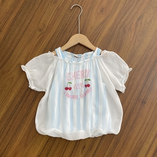 女童假两件短袖T恤小中大童圆领樱桃图案甜美可爱棉背心上衣夏款