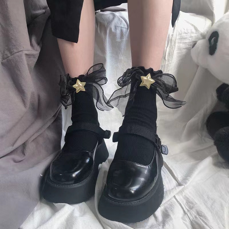 搭配玛丽珍鞋袜子女中筒萝莉塔lolita星星蝴蝶结堆堆袜jk少女lo袜