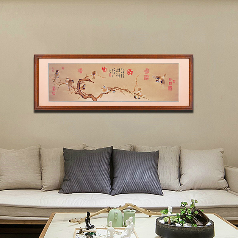 客厅壁画沙发背景墙新中式大气花卉装饰画书房挂画刺绣画纯手工