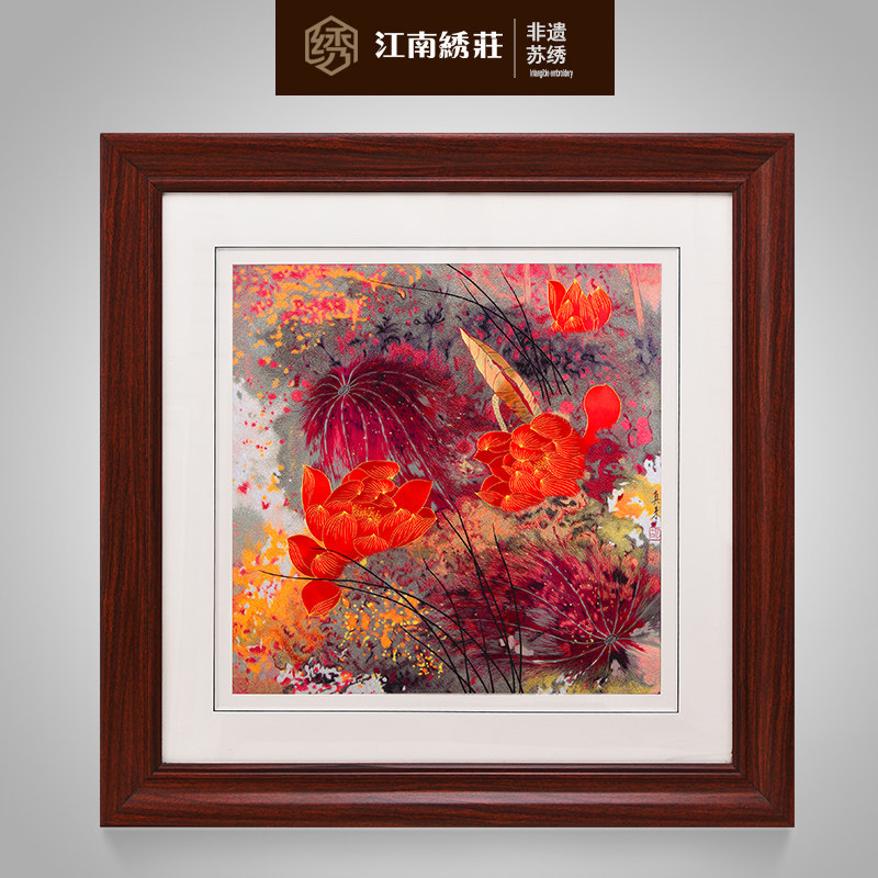 欧式装饰画沙发墙画客厅抽象油画餐厅壁画荷花挂画刺绣画苏绣成品