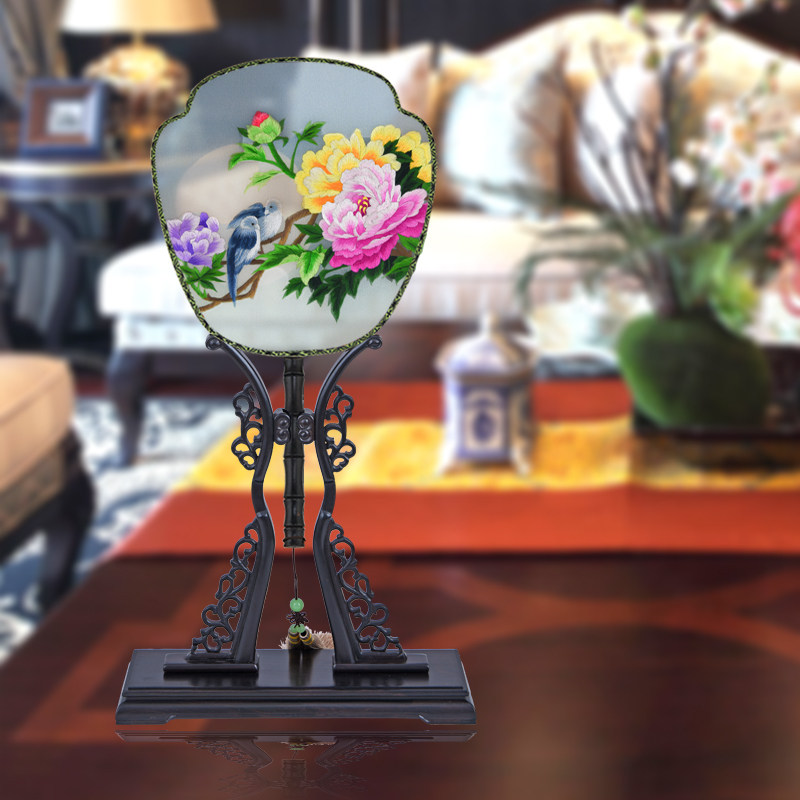 宫扇古典中国风双面刺绣长柄扇托扇座苏绣扇子老外礼品中国特色