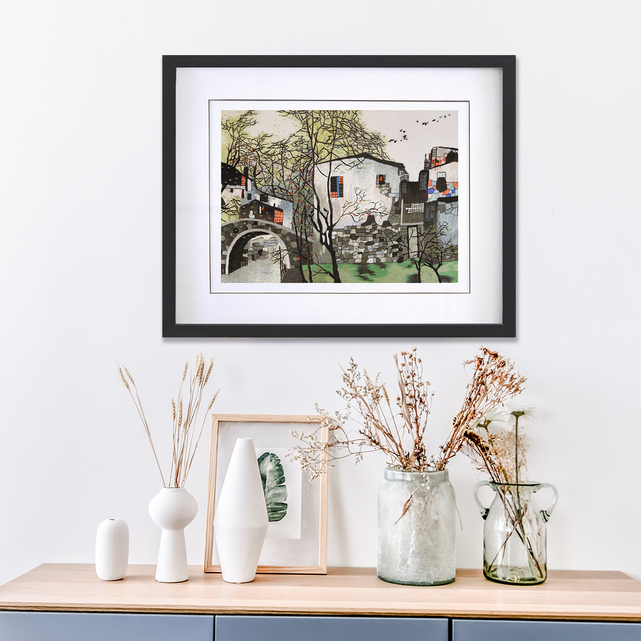 壁画挂画现代简约小清新画装饰新中式风景装饰画客厅玄关三联墙画