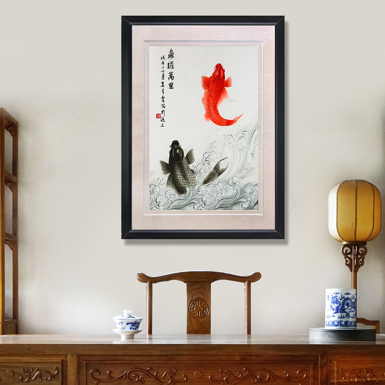 中式挂画中国风新中式实木餐厅装饰画饭厅墙上壁画玄关墙画刺绣画