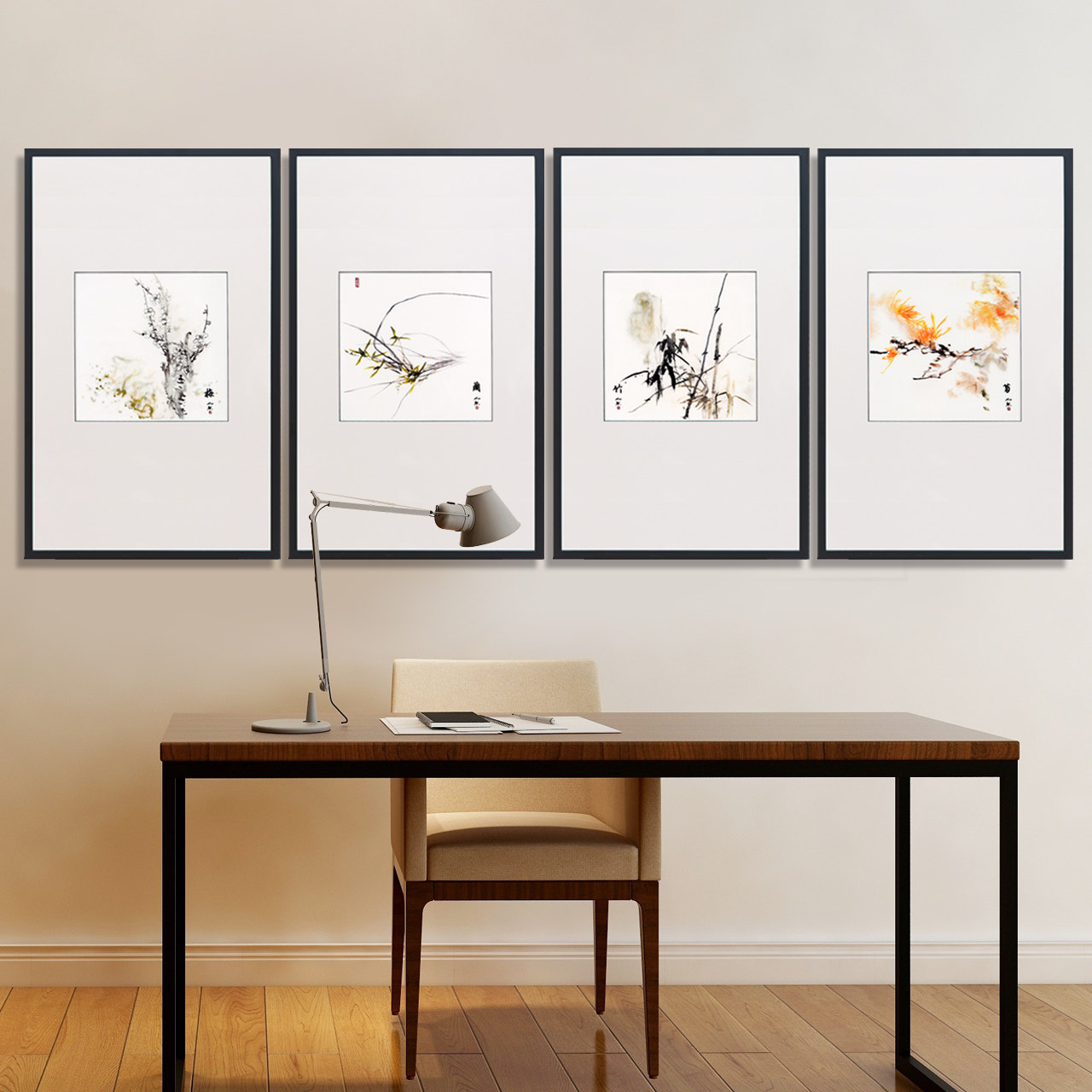 新中式装饰画禅意现代中式客厅玄关ins壁画梅兰竹菊挂画苏绣成品