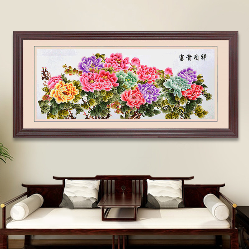 牡丹挂画花开富贵大幅装饰画客厅大尺寸壁画背景墙刺绣苏绣成品