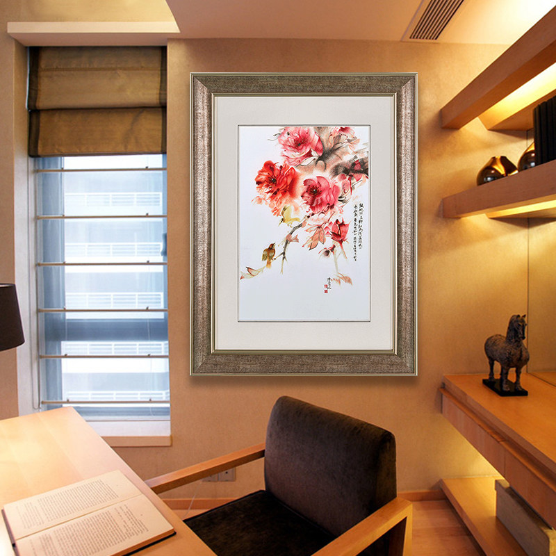 牡丹花装饰画客厅花开富贵餐厅挂画玄关壁画竖版过道中式墙画苏绣