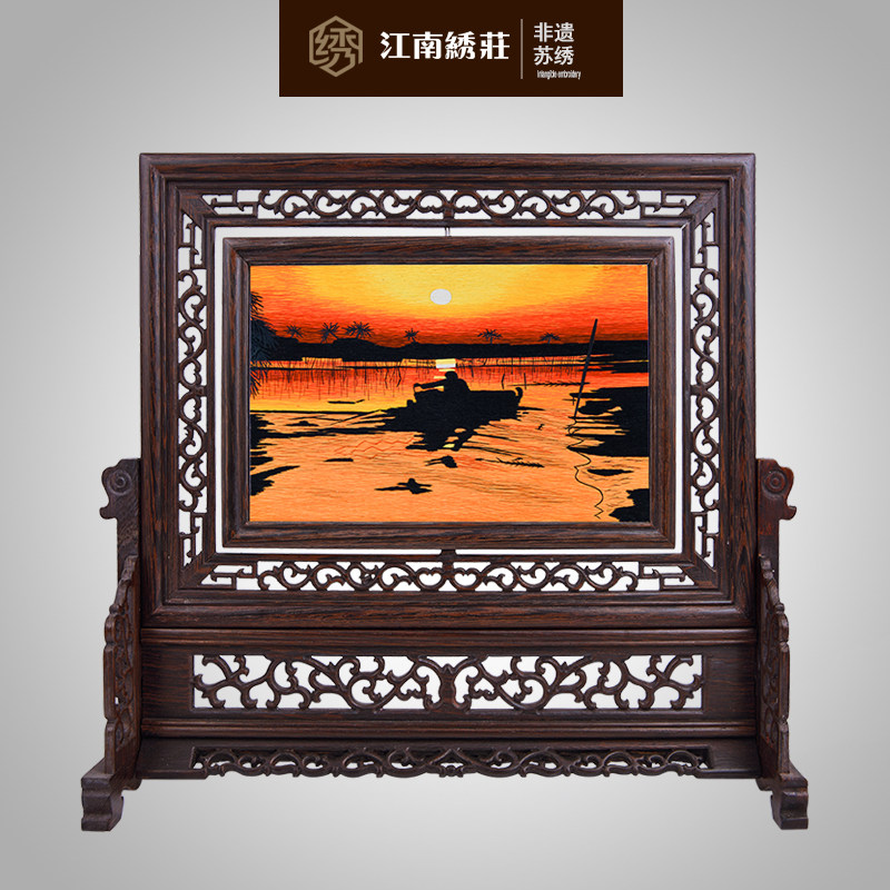 江南绣庄手工苏绣礼品摆件鸡翅木原木打磨双面刺绣台屏风景静物