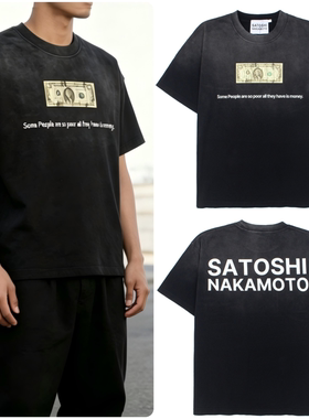Satoshi 涂鸦美金印花美式高街潮流复古水洗做旧宽松短袖男女T恤