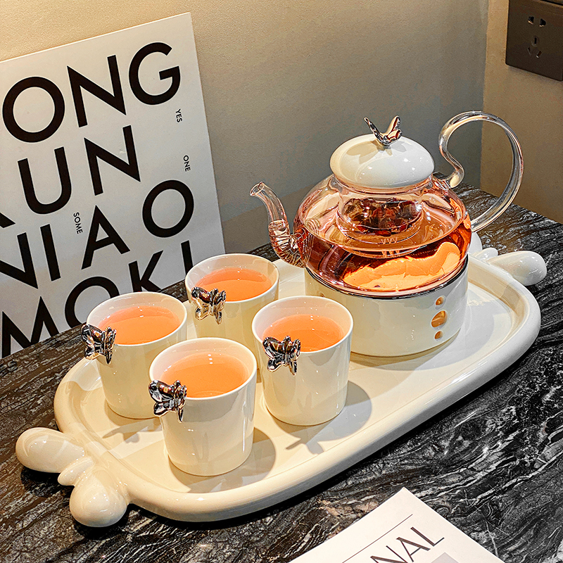 创意蝴蝶水具套装家用待客泡茶壶茶杯轻奢蜡烛加热玻璃水壶水杯
