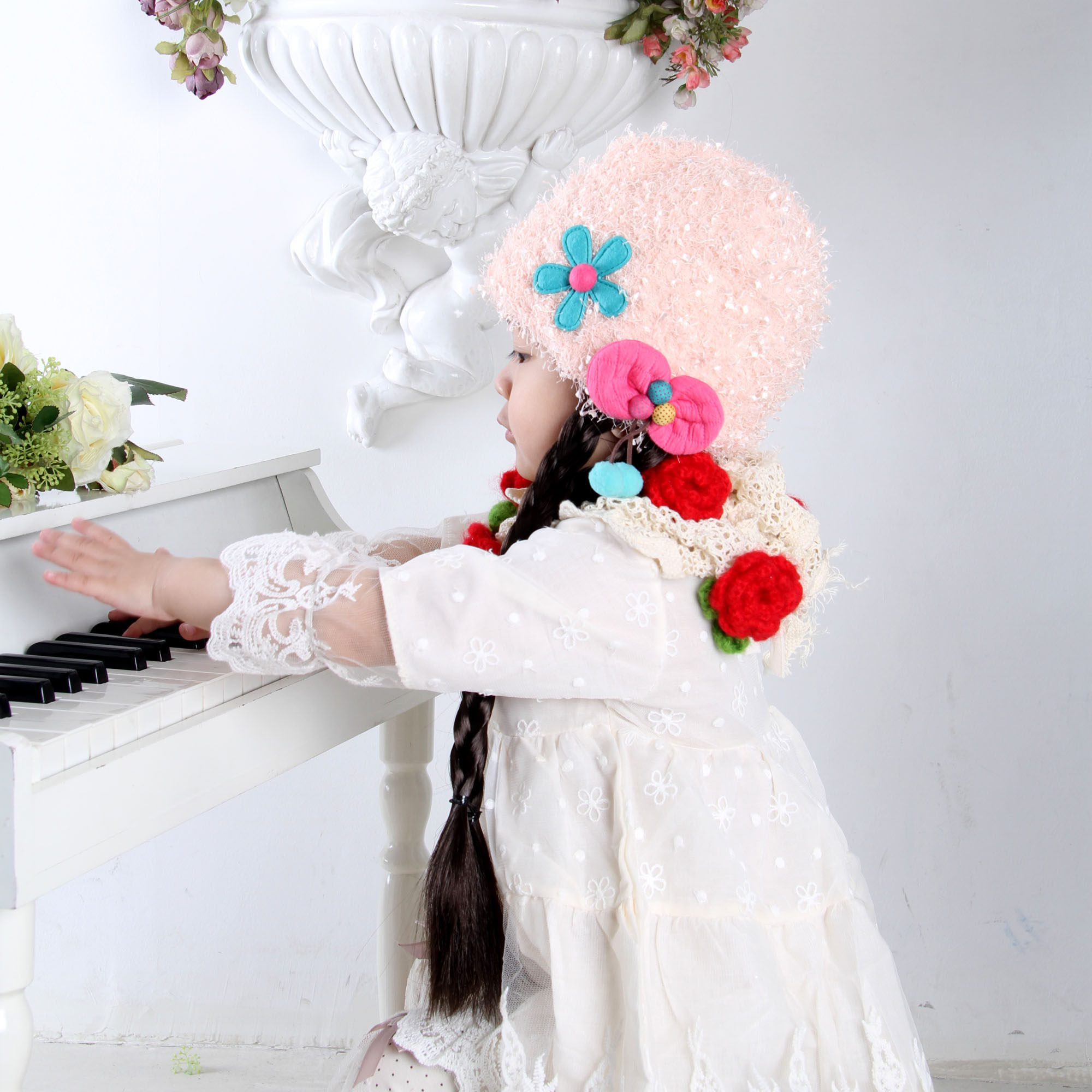 宝宝秋冬天假发帽子小女孩长辫子加绒护耳保暖儿童公主1-2-3-周岁