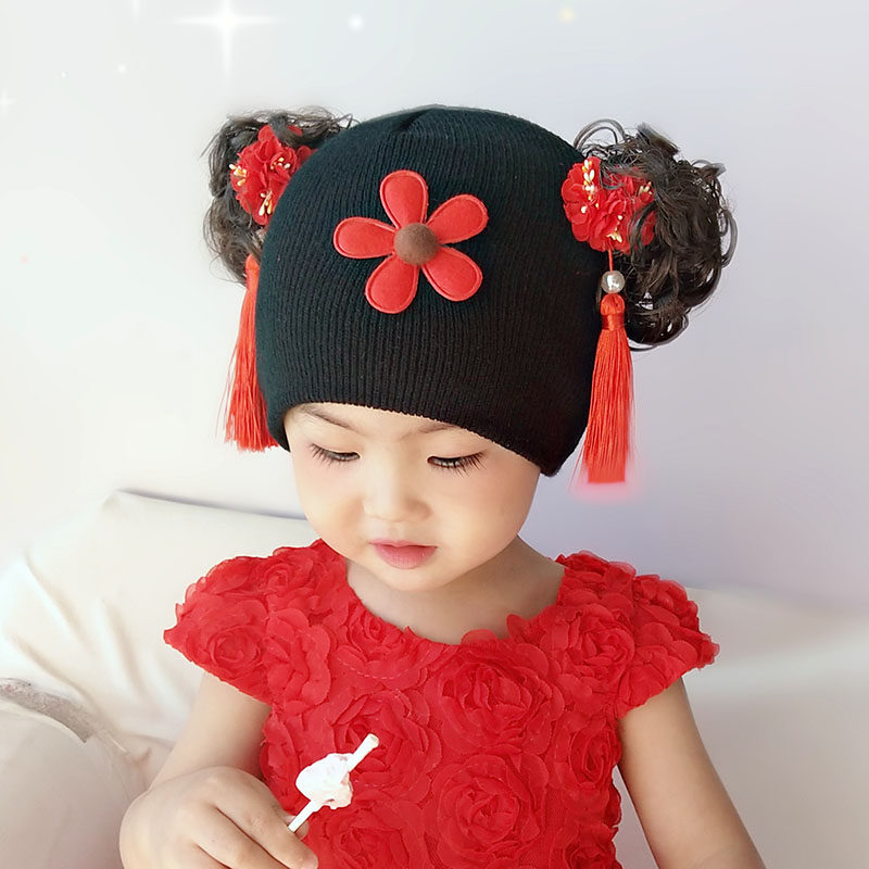 宝宝秋冬假发帽子儿童春季保暖小女孩礼服唐装汉服公主帽01-2-3岁