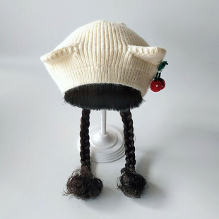 3款宝宝秋冬季假发毛线婴儿童小女孩刘海保暖帽子可爱猫耳朵1-2岁