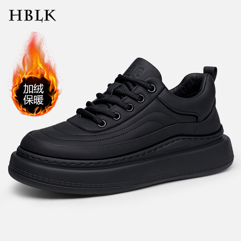 板鞋男冬季真皮厚底防滑休闲鞋子潮男士百搭加绒保暖黑色运动棉鞋