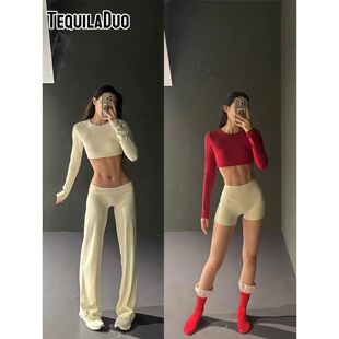 TD瑜伽上衣女士健身房运动套装提臀高腰直筒裤短裤带胸垫长袖套装