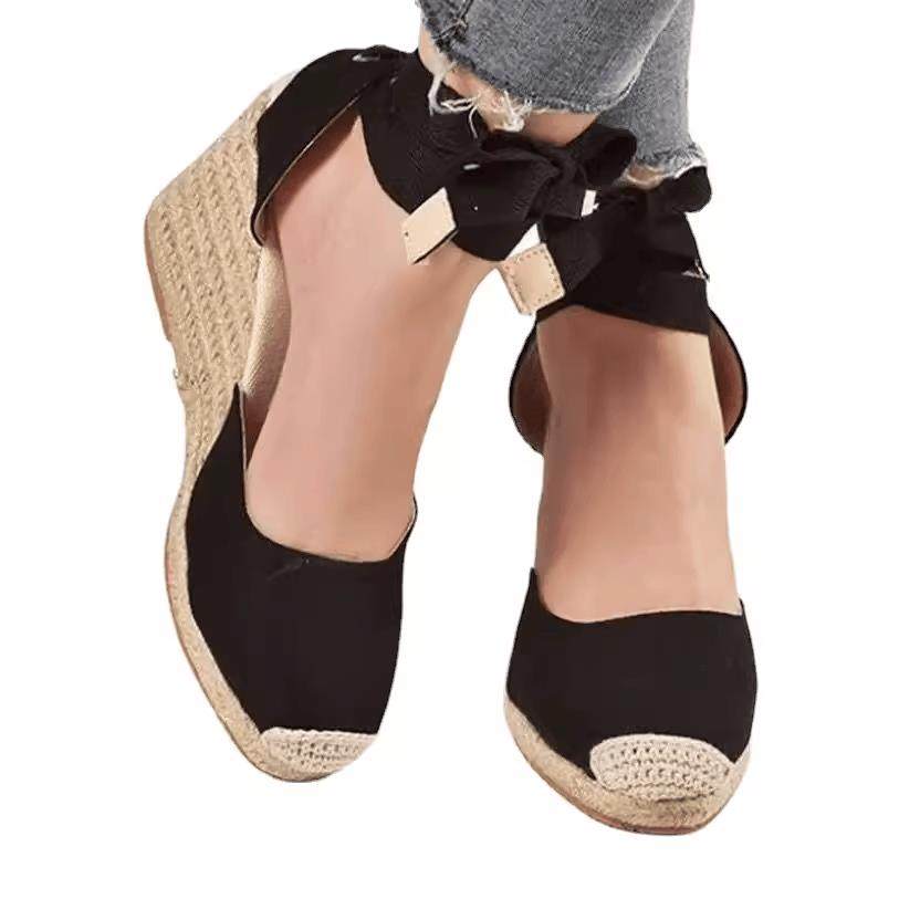 Sandals female round head wedges hemp rope shoes 坡跟凉鞋