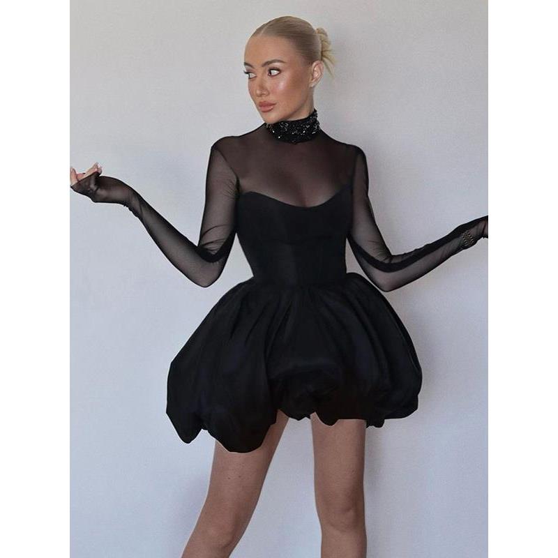 欧美性感透视网纱拼接设计蓬蓬裙半高领后背拉链收腰长袖连衣裙潮