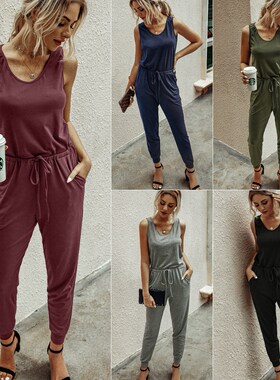 亚马逊热卖2020欧美夏季圆领背心系腰带纯色女士大码连体裤长裤子