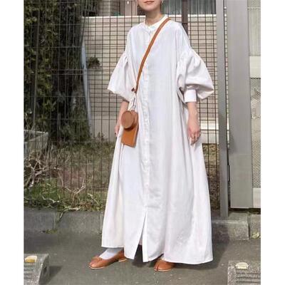 跨境秋冬新款日系热销宽松灯笼袖黑白长款连衣裙Long loose skirt