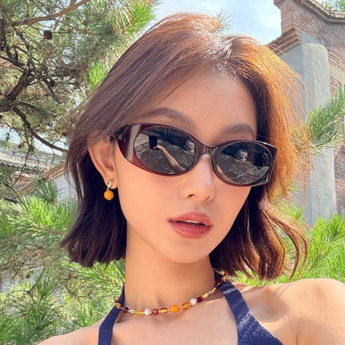 欧美复古椭圆酒红框墨镜女高级感y2k千禧辣妹 出游防晒拍照太阳镜