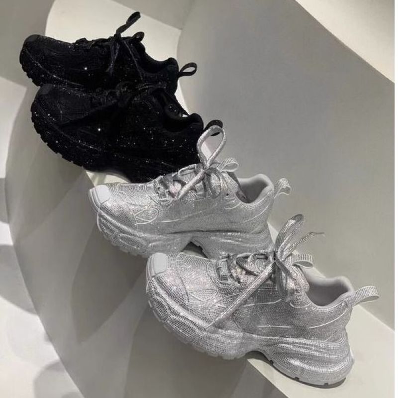 欧洲站2025春季新款圆头系带满钻厚底老爹鞋女百搭时尚休闲鞋单鞋