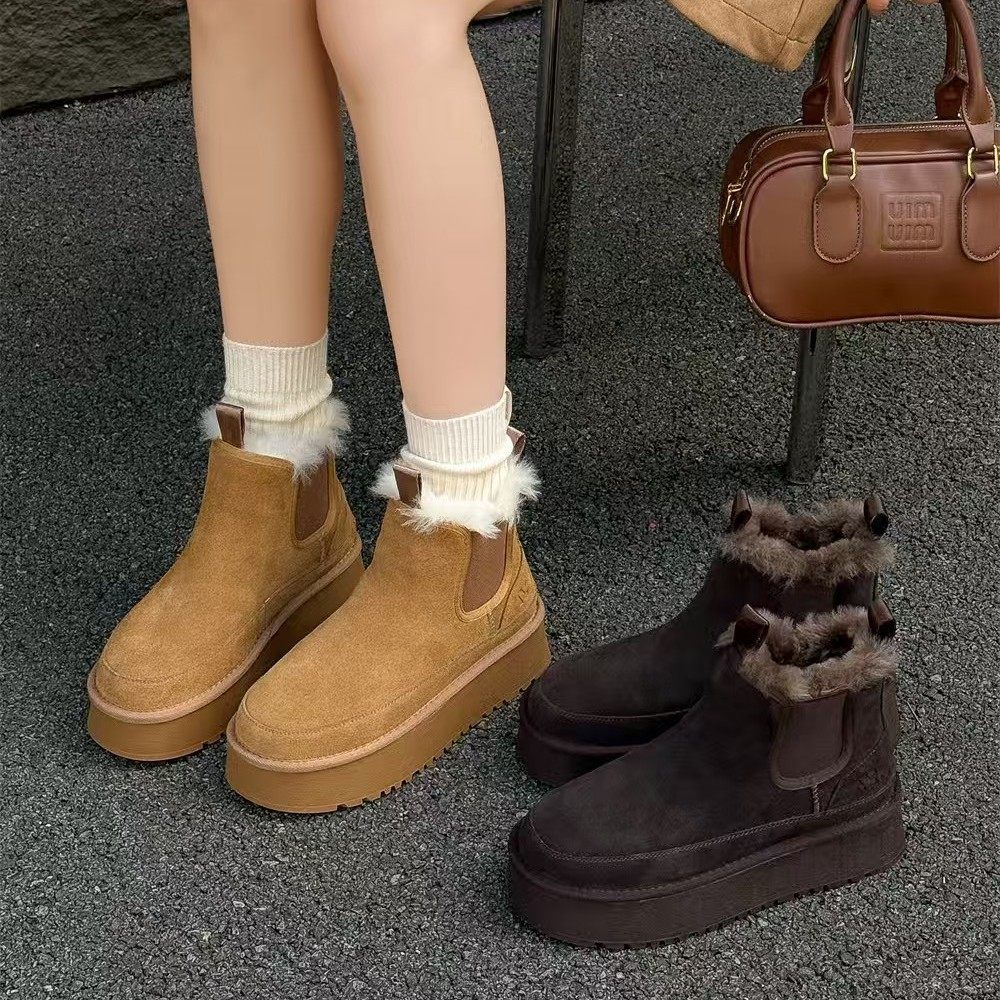 【牛皮羊毛里】2025冬季新款时尚复古橡胶厚底增高雪地靴靴子女鞋
