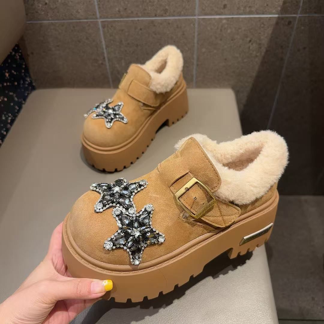 2025新款水钻舒适厚底增高鞋女时尚雪地靴加厚保暖棉鞋短靴加绒