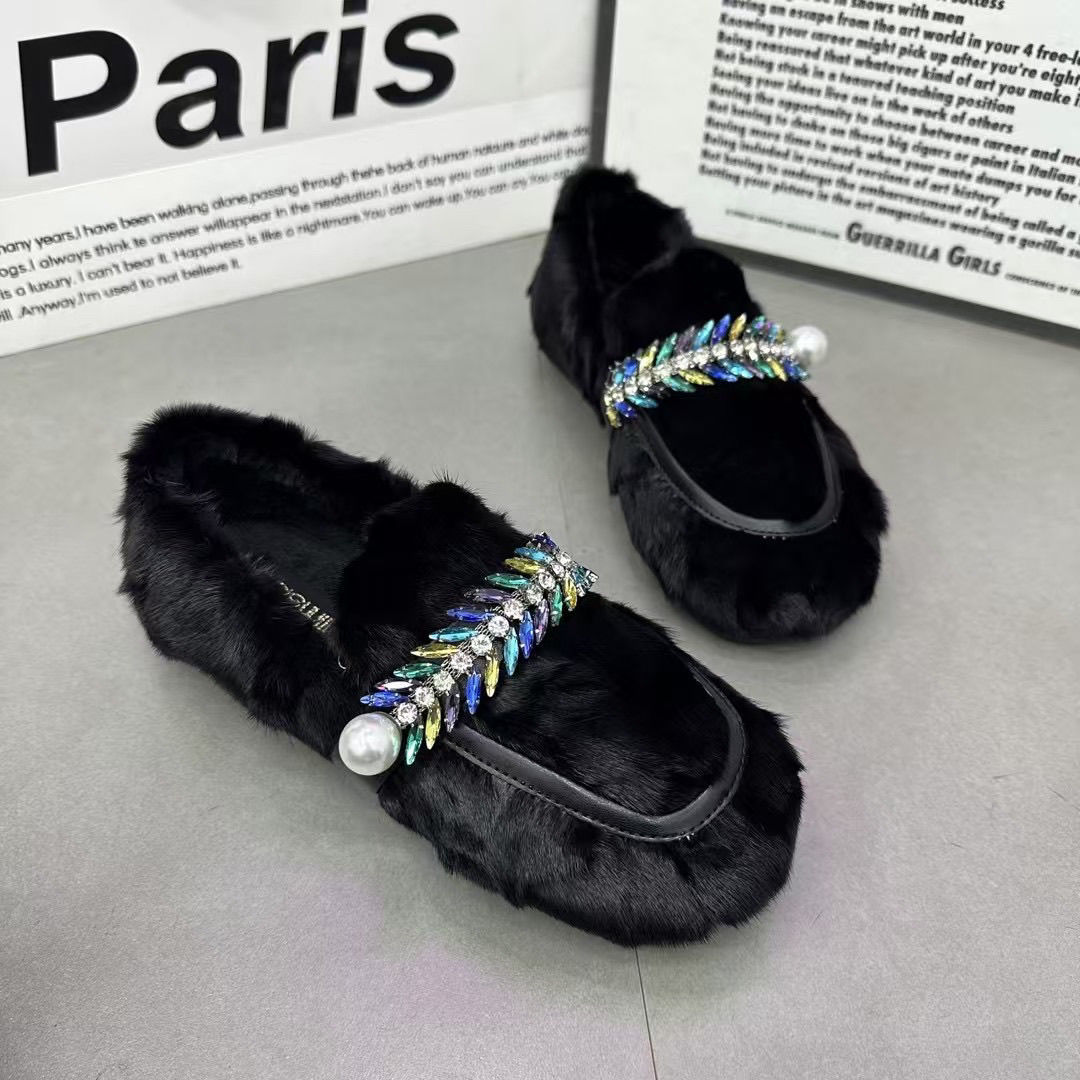 2025新款时尚百搭毛毛鞋小皮鞋女加绒加厚保暖低帮浅口棉鞋冬季