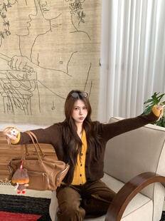 宅宅athome//焦糖榛果 撞色假两件针织开衫羊毛混纺毛衣上衣