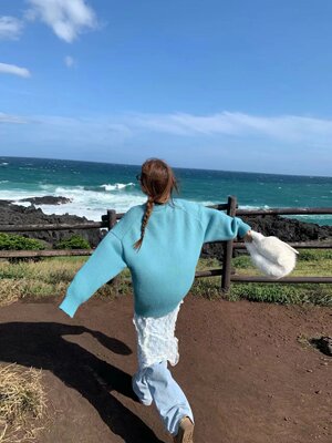 宅宅athome//定染水洗蓝高腰宽松显瘦直筒阔腿牛仔裤